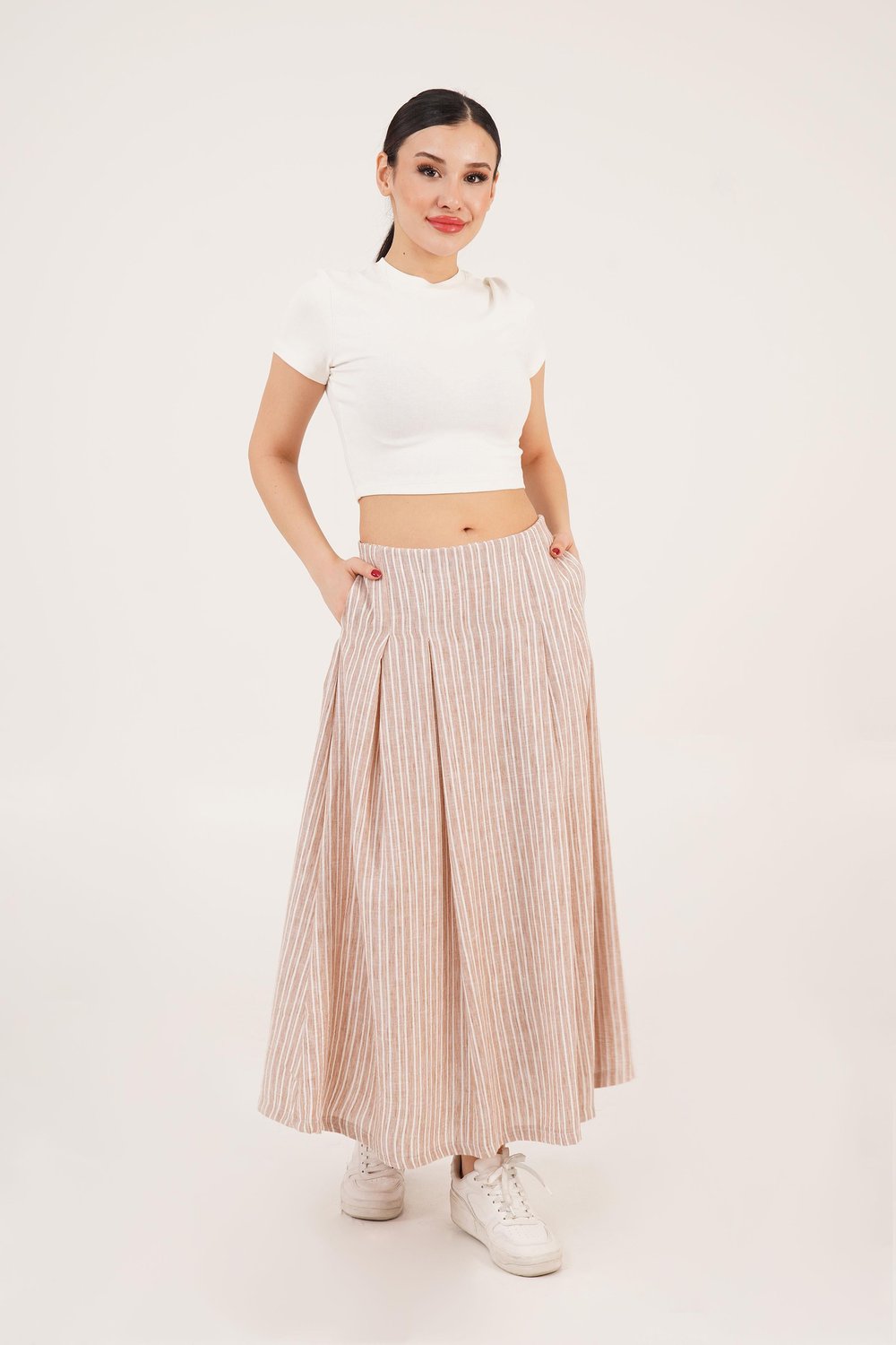 Çizgi Desenli Trend Midi Keten Camel Etek