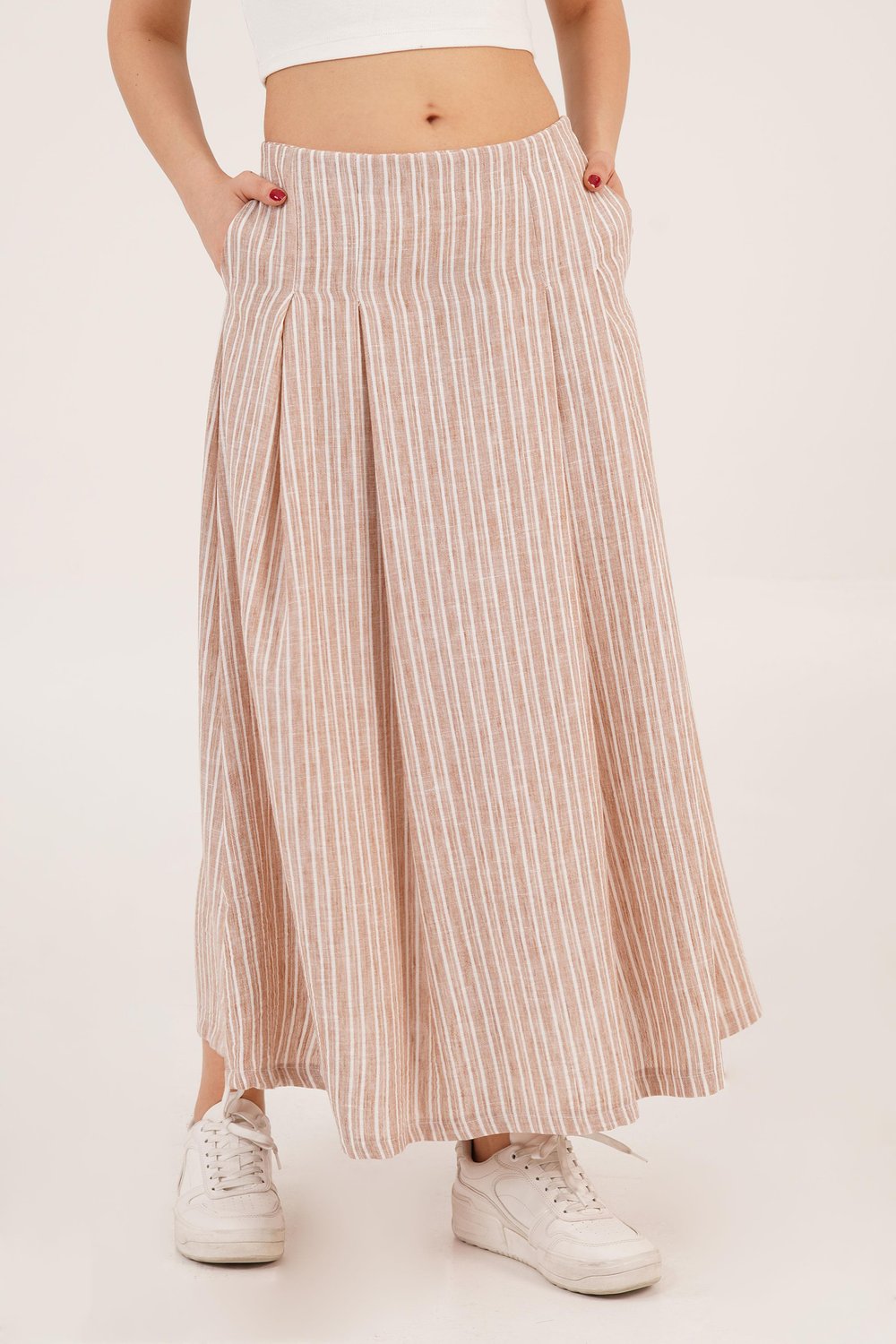 Çizgi Desenli Trend Midi Keten Camel Etek