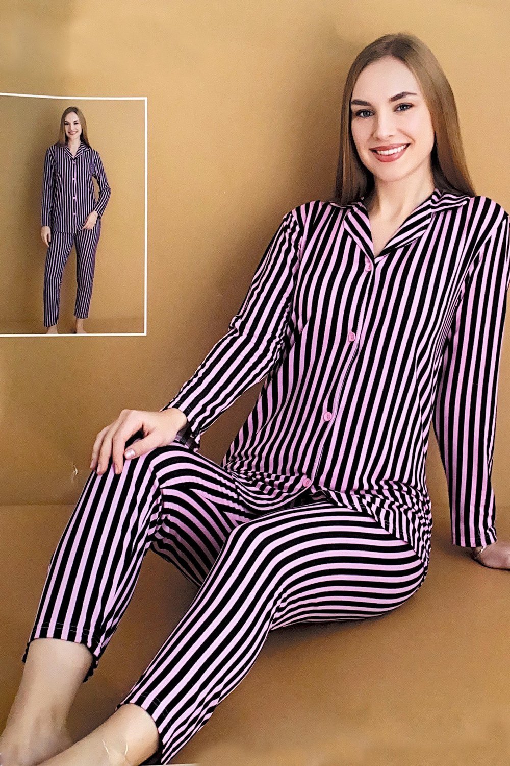 Çizgili Ön Düğmeli Pembe Pijama Takımı
