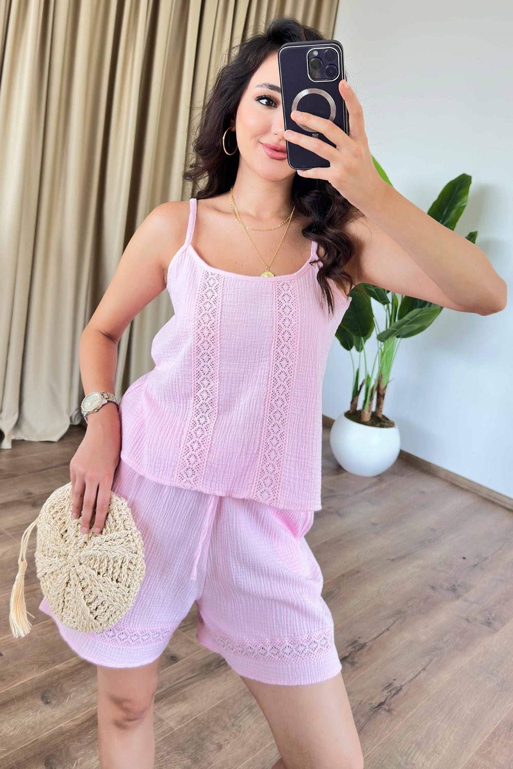 Dantel Güpür Geçili Pembe Müslin Takım