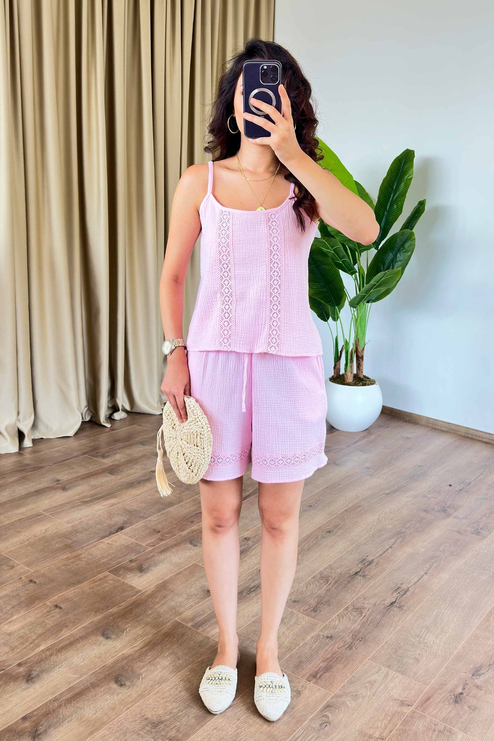 Dantel Güpür Geçili Pembe Müslin Takım