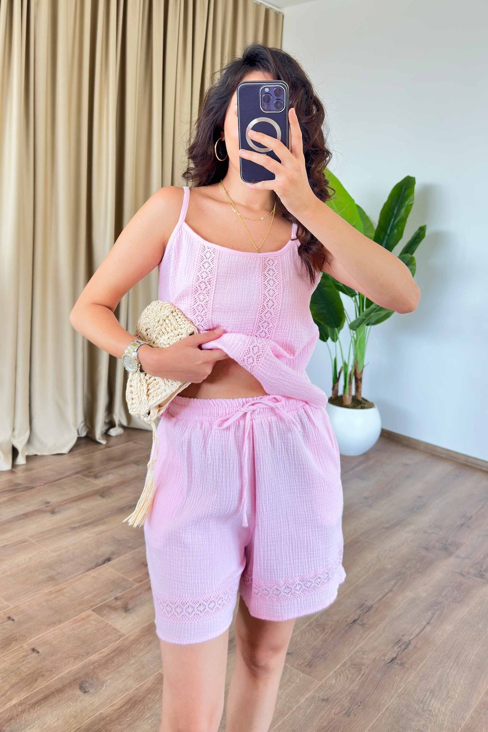 Dantel Güpür Geçili Pembe Müslin Takım