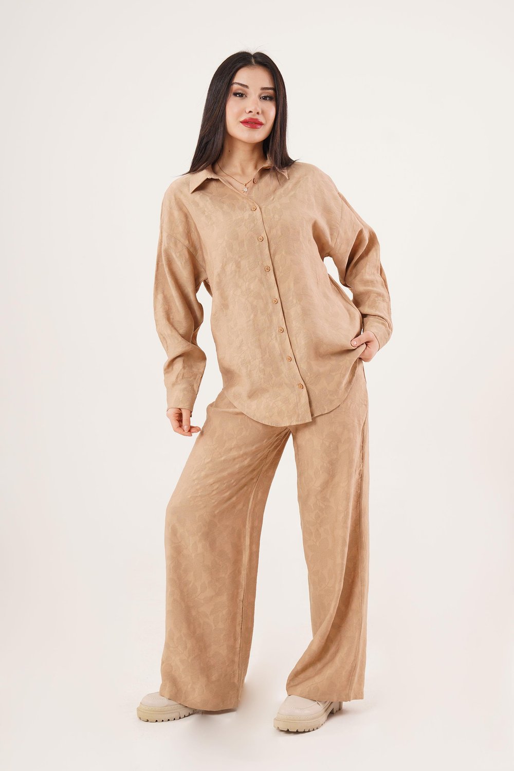 Desenli Gömlek ve Pantolon Camel İkili Takım	