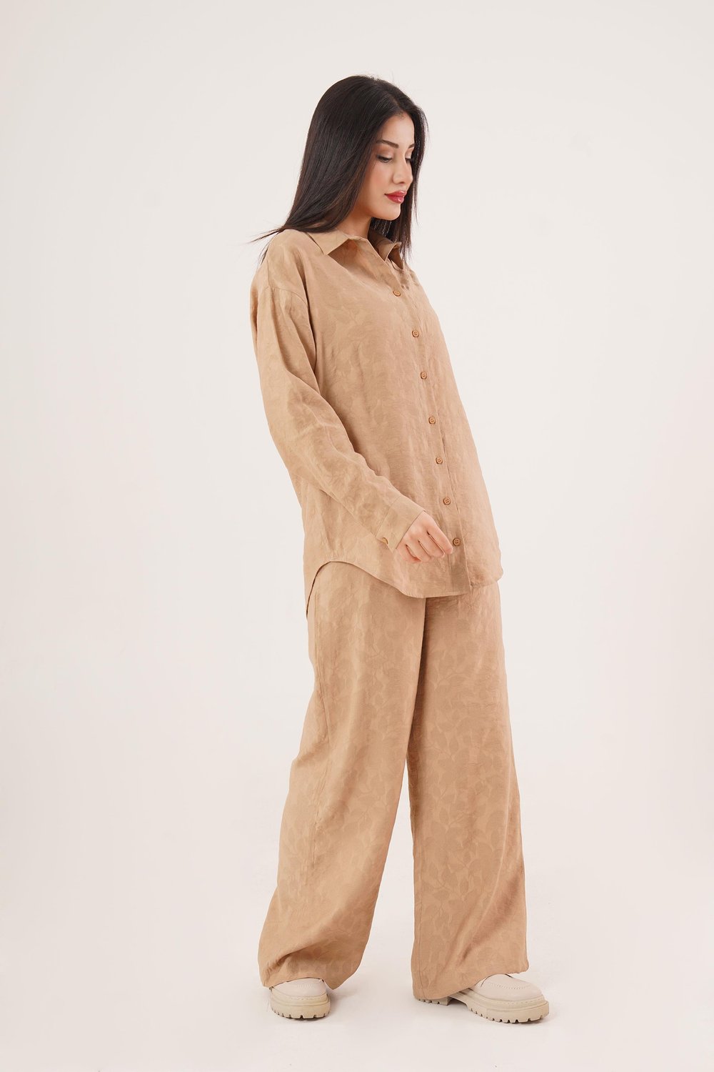 Desenli Gömlek ve Pantolon Camel İkili Takım	