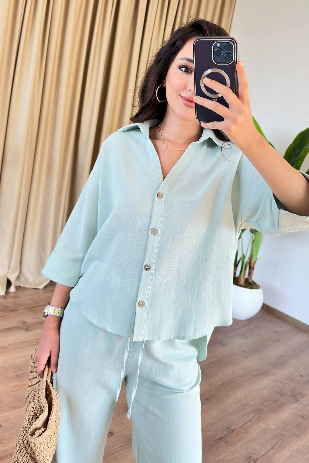Düğmeli Kol Manşeti Katlı Mint  Keten Takım