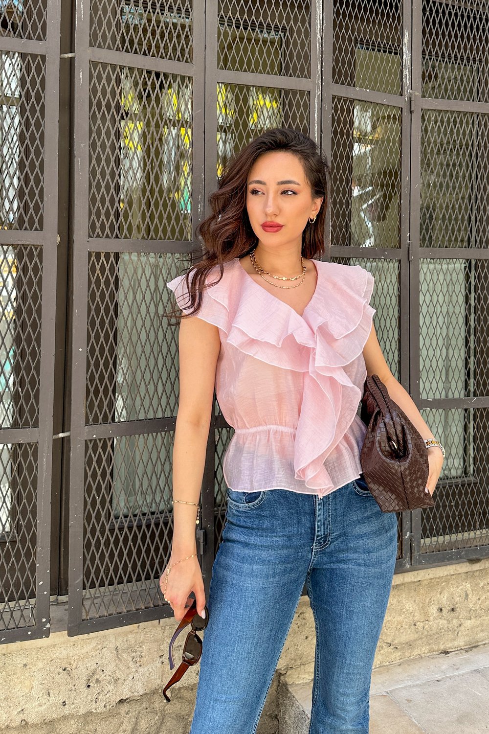 Fırfırlı Beli Lastikli V Yaka Pembe Bluz