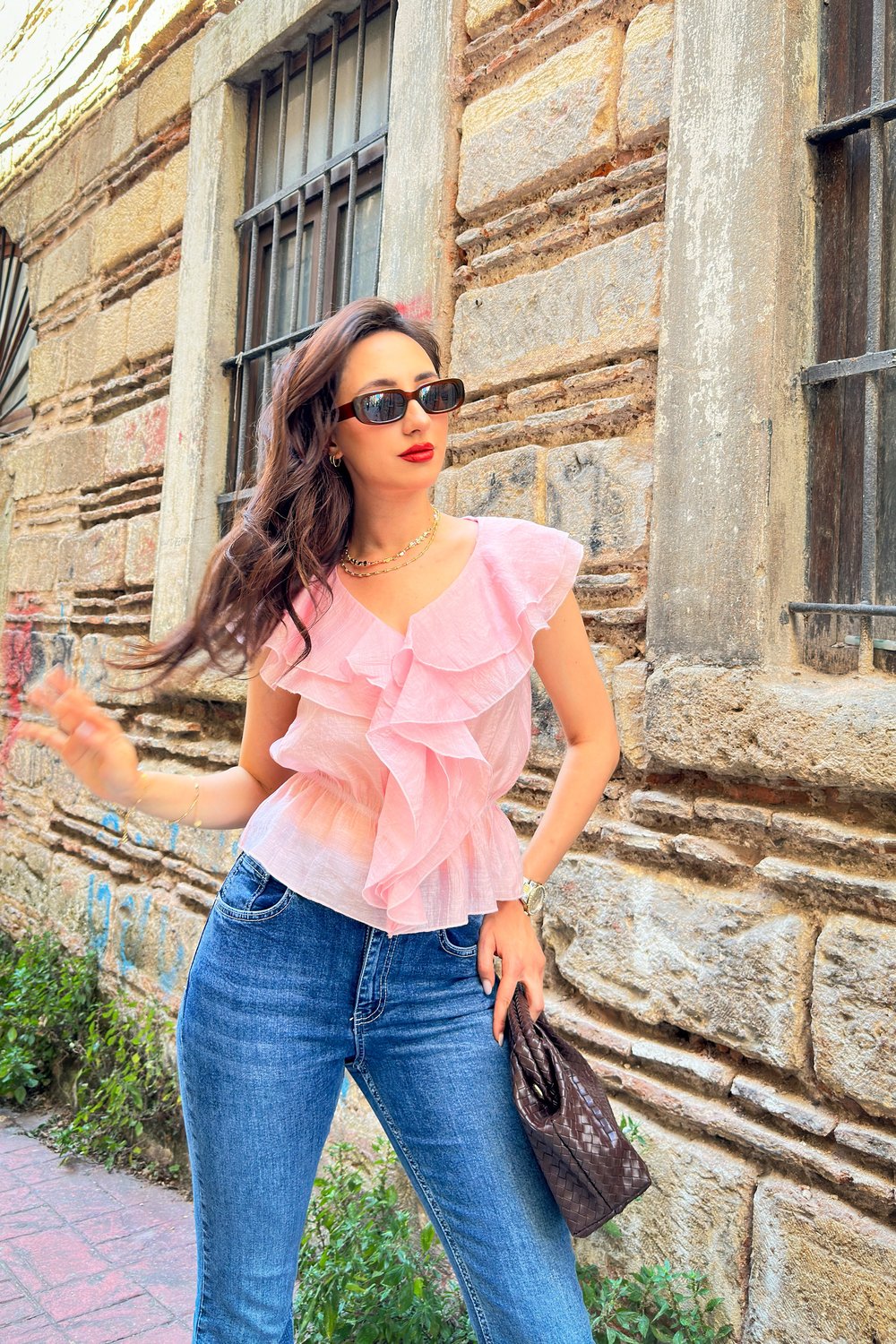 Fırfırlı Beli Lastikli V Yaka Pembe Bluz