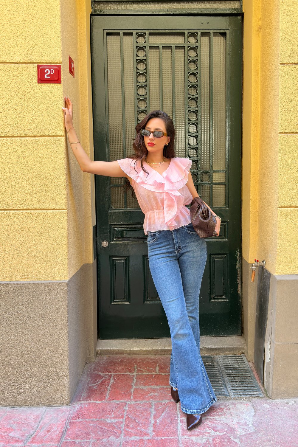 Fırfırlı Beli Lastikli V Yaka Pembe Bluz