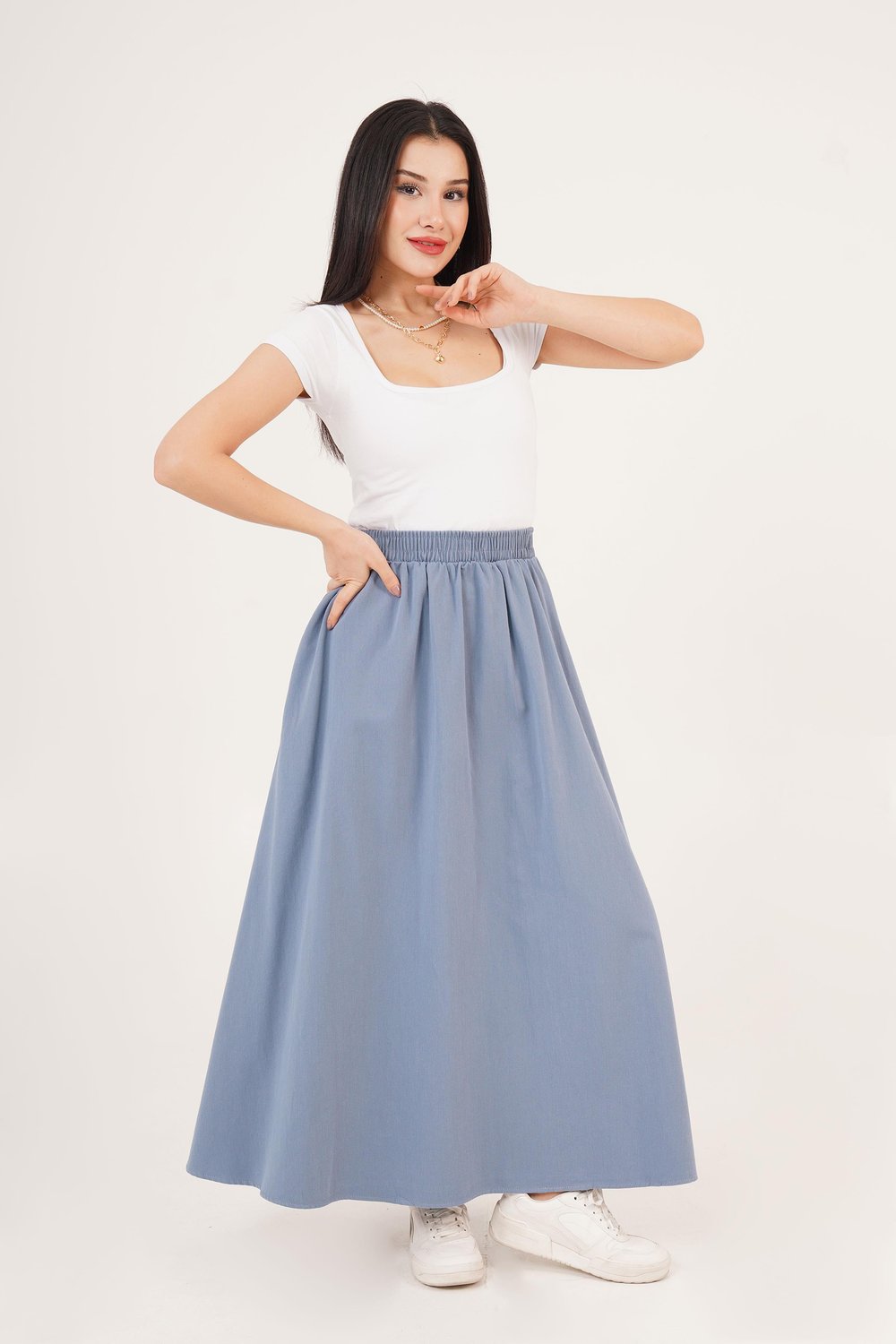 Bel Lastikli Cepli Gabardin İndigo Etek