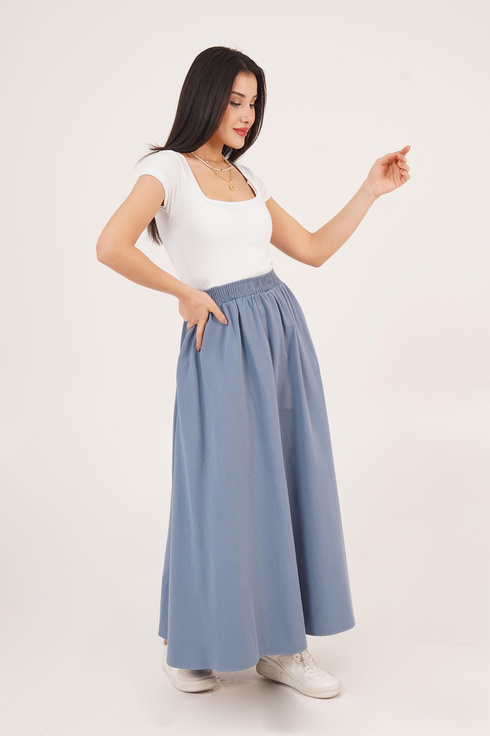 Bel Lastikli Cepli Gabardin İndigo Etek