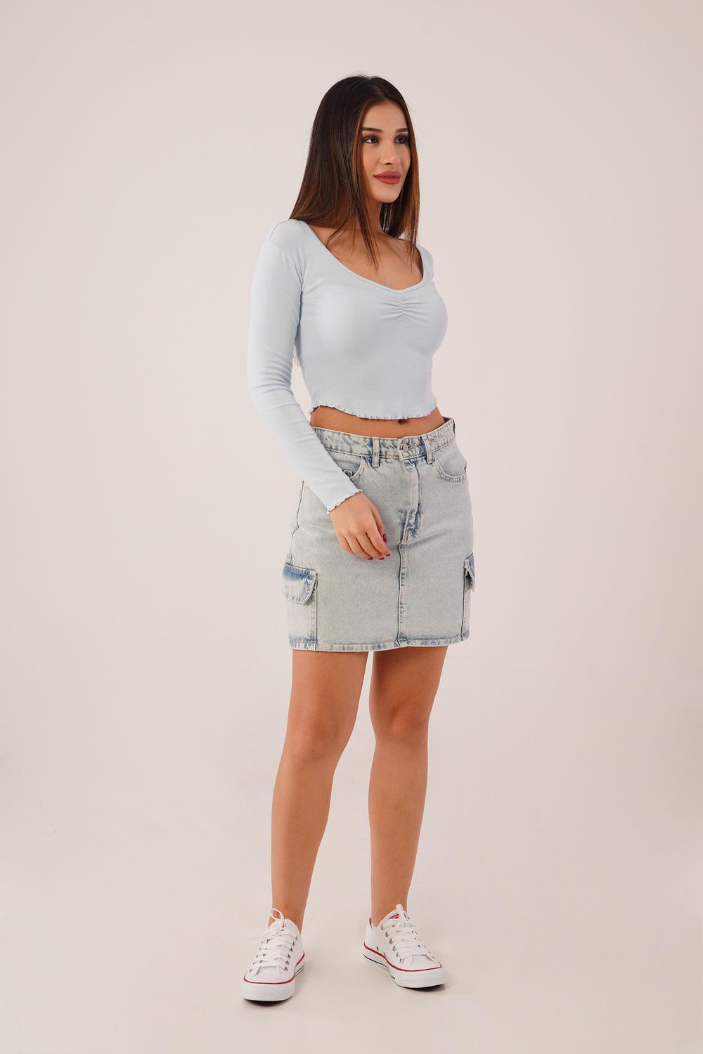 Geniş Yaka Bebe Mavisi Basic Body Bluz