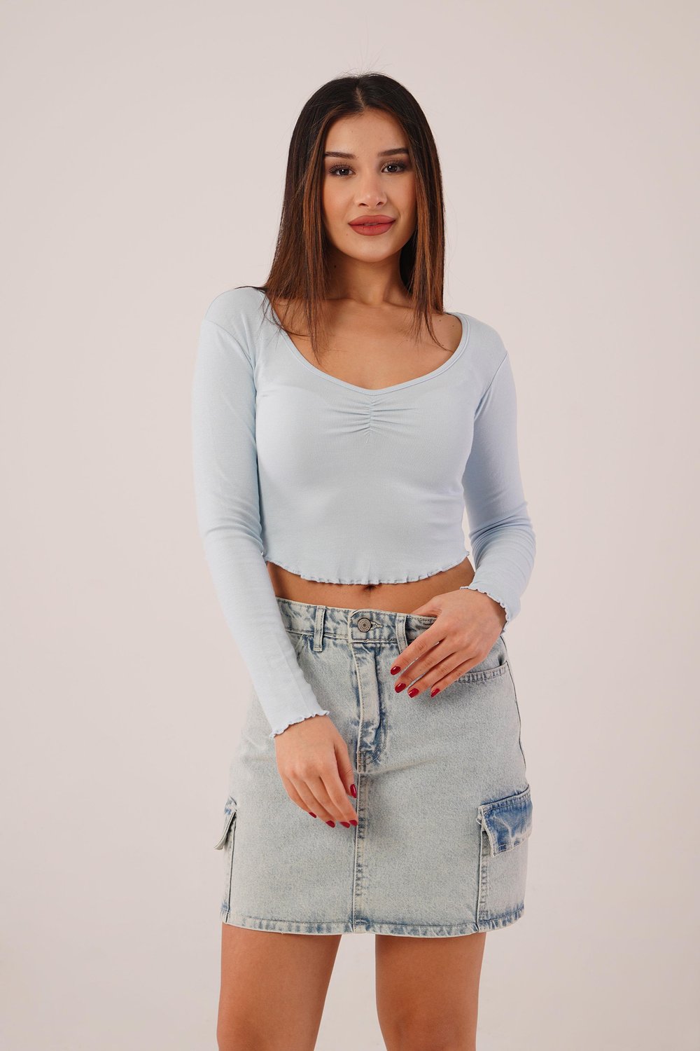 Geniş Yaka Bebe Mavisi Basic Body Bluz