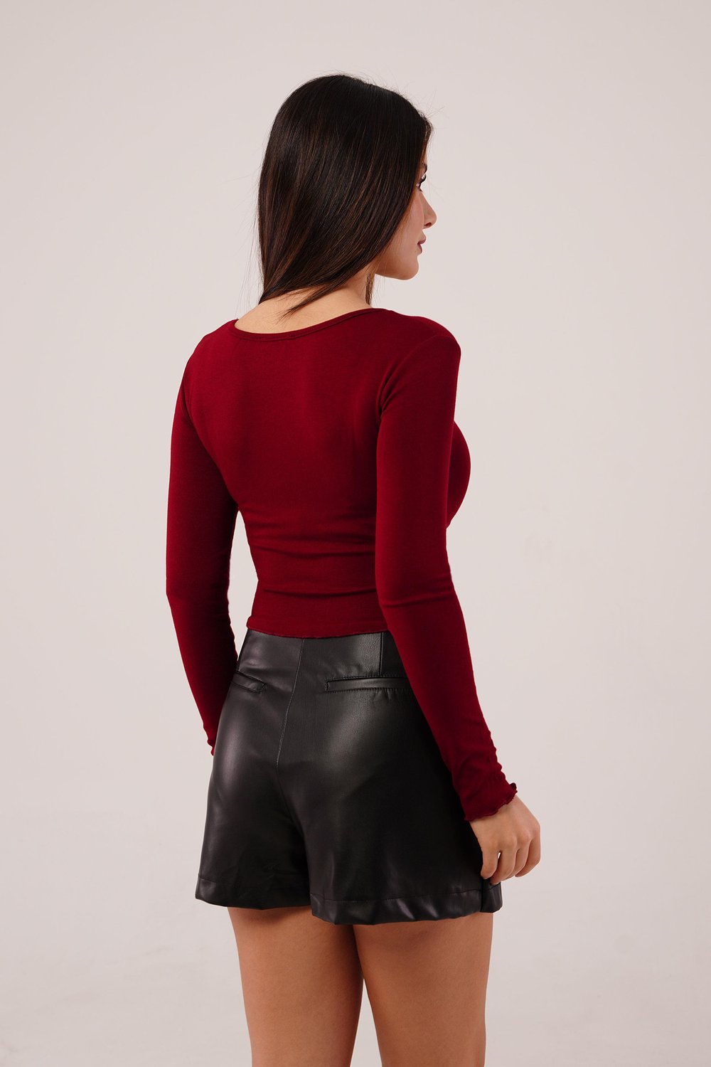 Geniş Yaka Bordo Basic Body Bluz