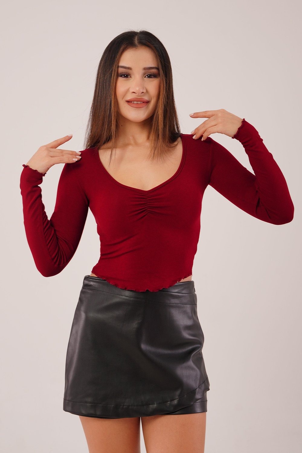 Geniş Yaka Bordo Basic Body Bluz
