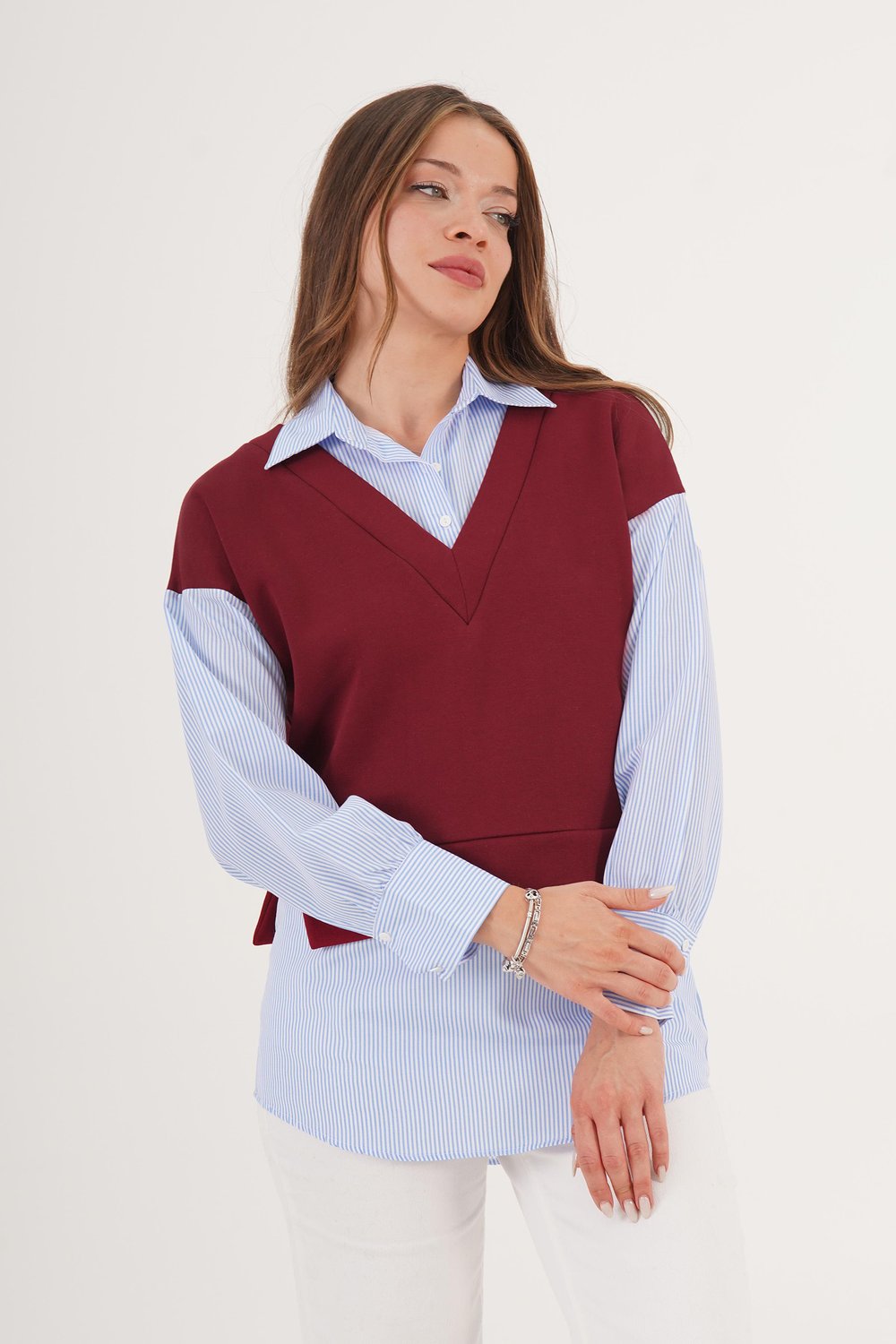 Gömlek Detaylı Bordo Sweatshirt