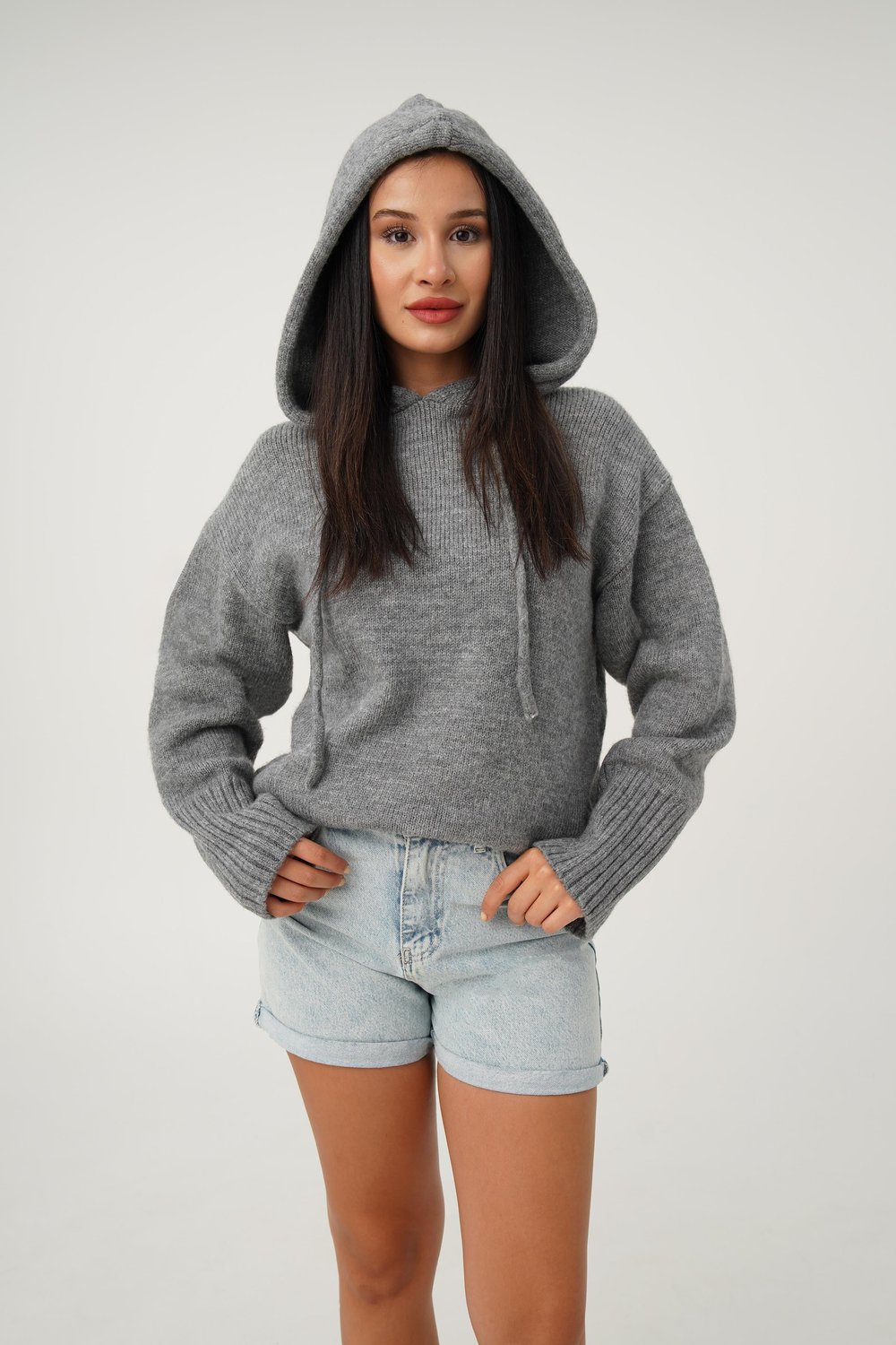 Kapüşonlu Antrasit Triko Sweatshirt Kazak