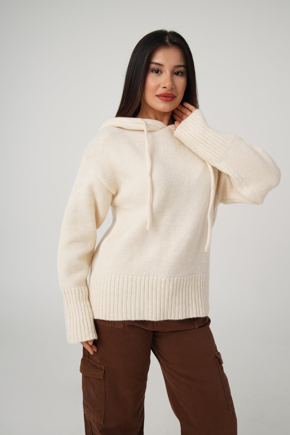Kapüşonlu Bej Triko Sweatshirt Kazak