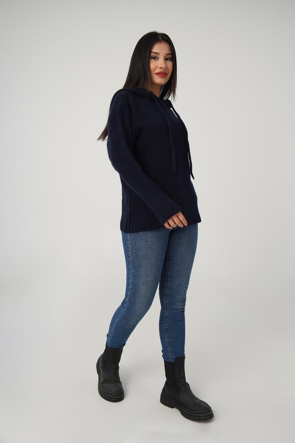 Kapüşonlu Lacivert Triko Sweatshirt Kazak