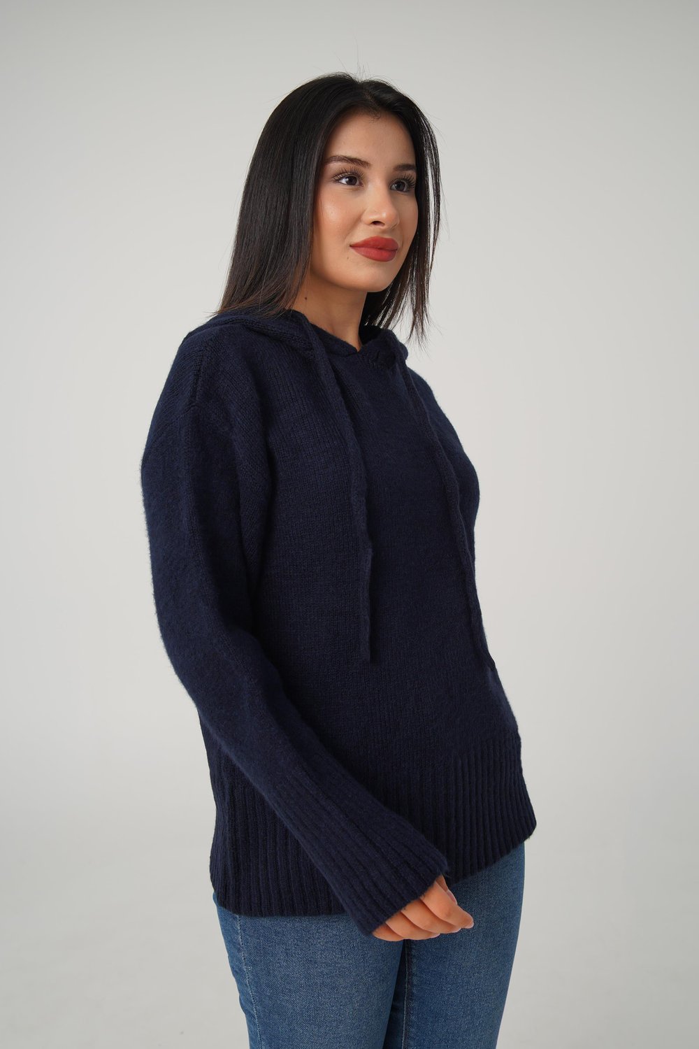 Kapüşonlu Lacivert Triko Sweatshirt Kazak