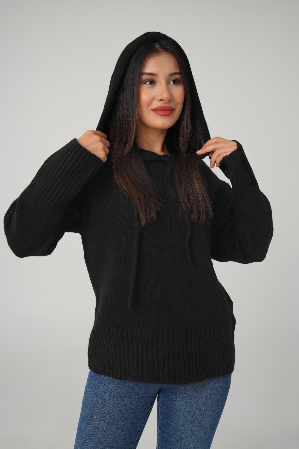 Kapüşonlu Siyah Triko Sweatshirt Kazak