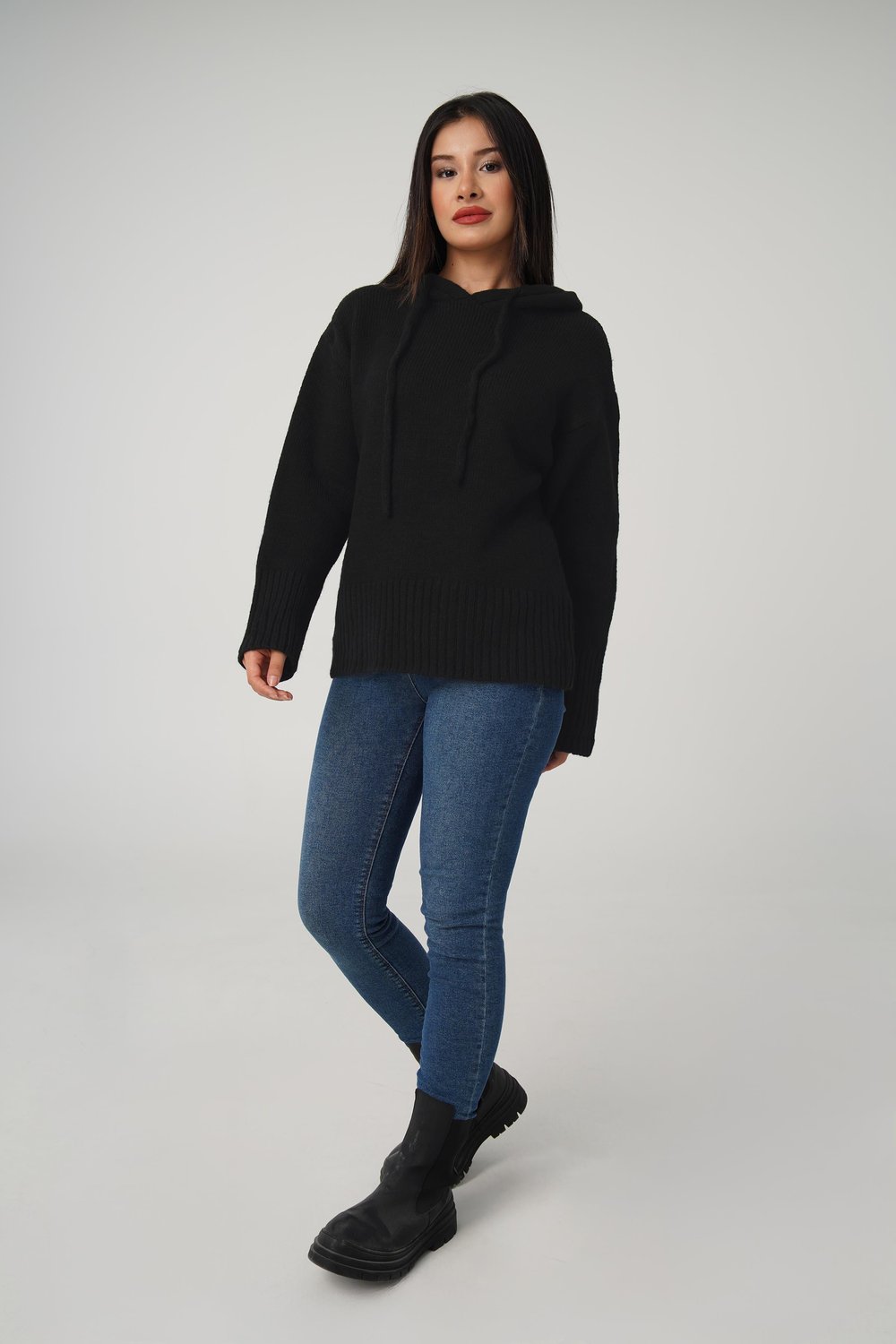 Kapüşonlu Siyah Triko Sweatshirt Kazak