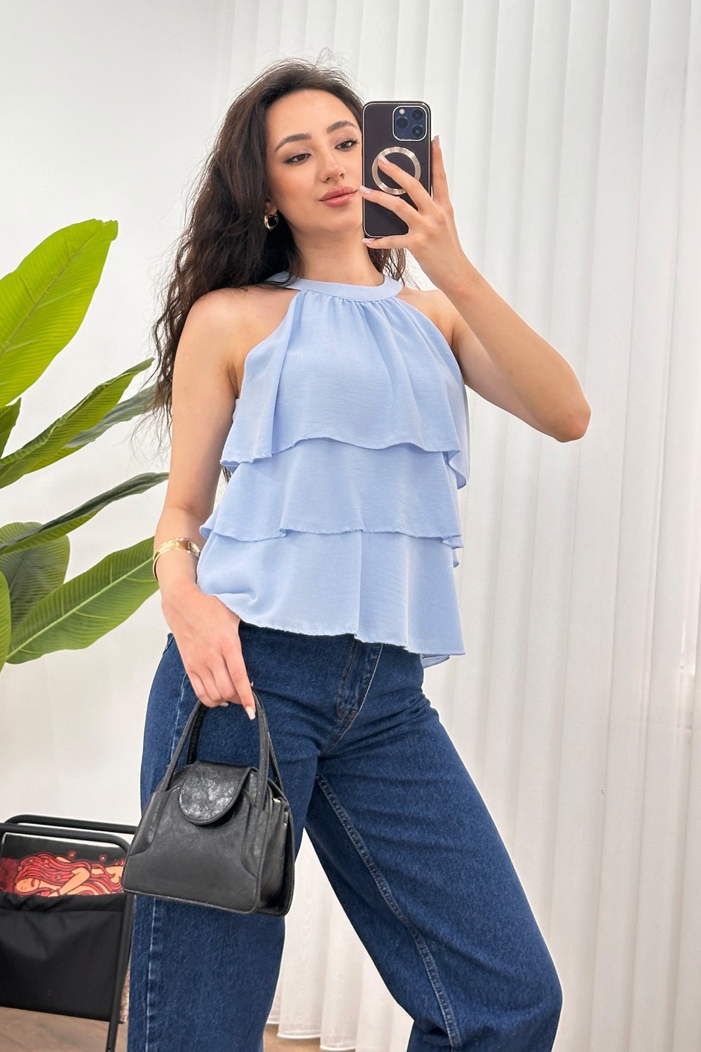 Kat Kat Fırfır Detay Kolsuz Bebe Mavisi Bluz