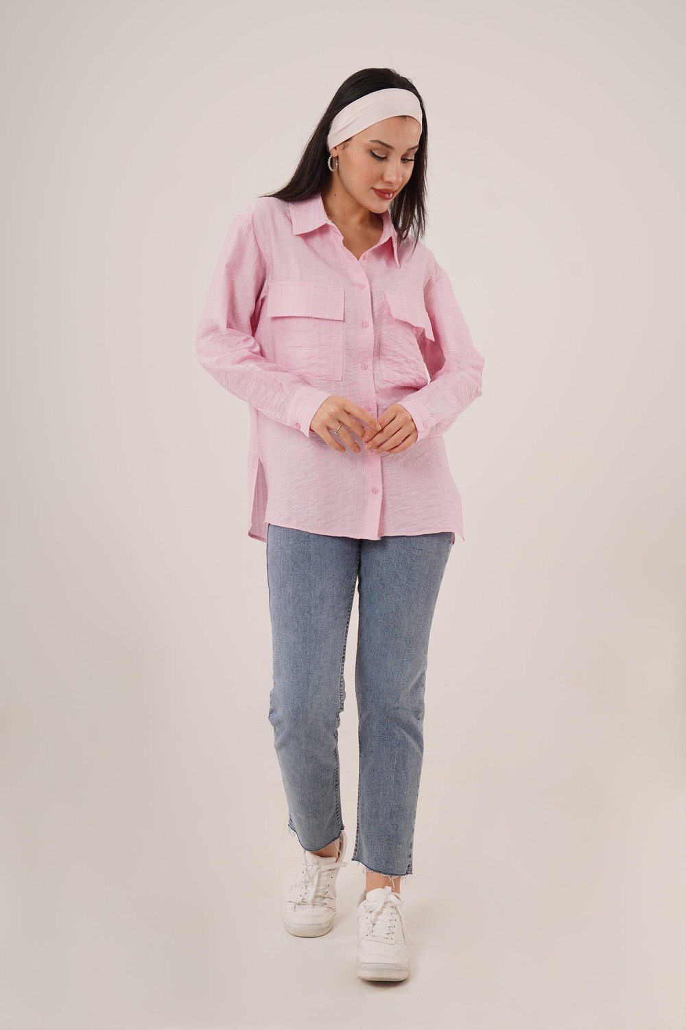 Kendinden Çizgili Cepli ve Düğmeli Pembe Gömlek
