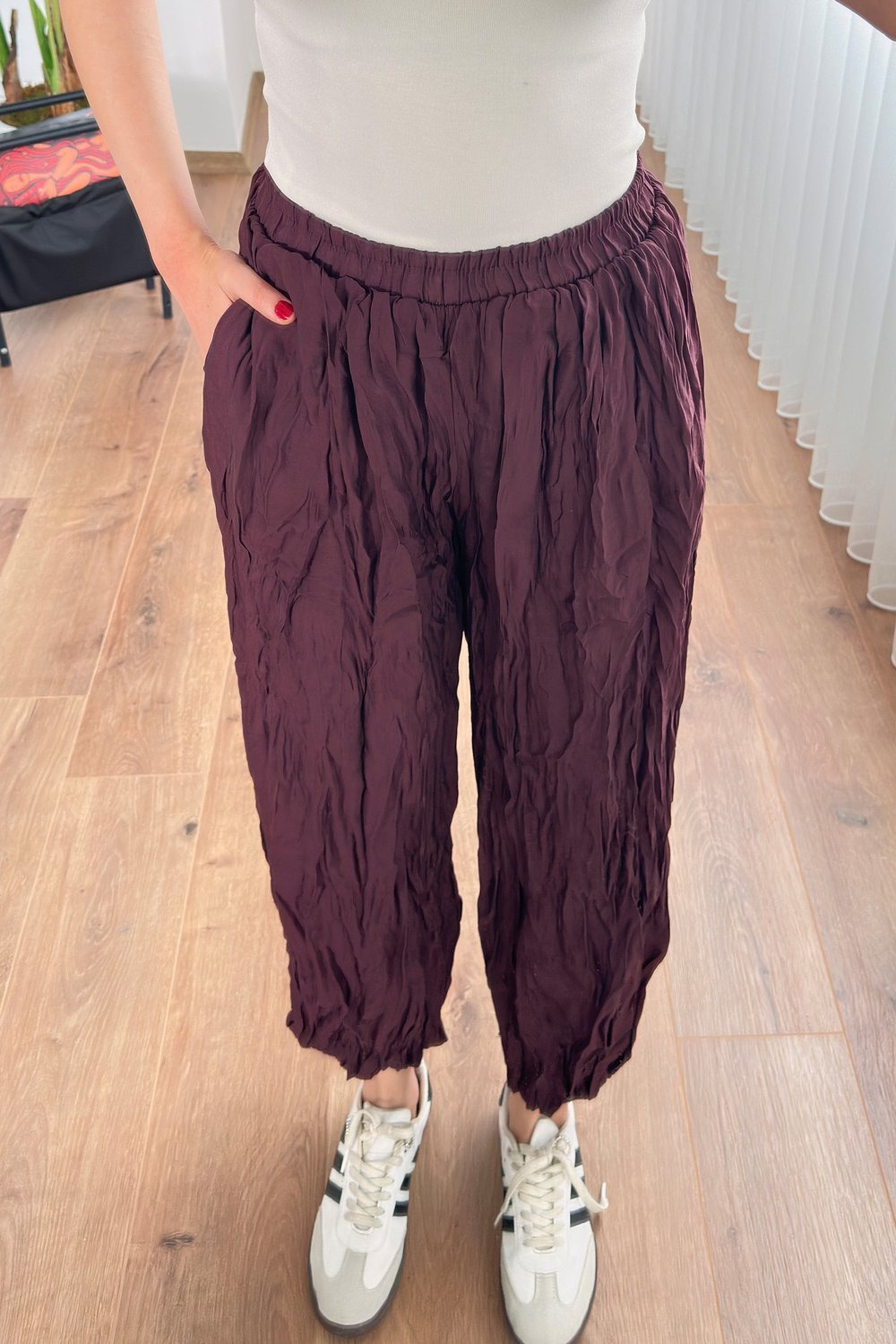Kırışık Kumaş Balon Mürdüm Şalvar Pantolon