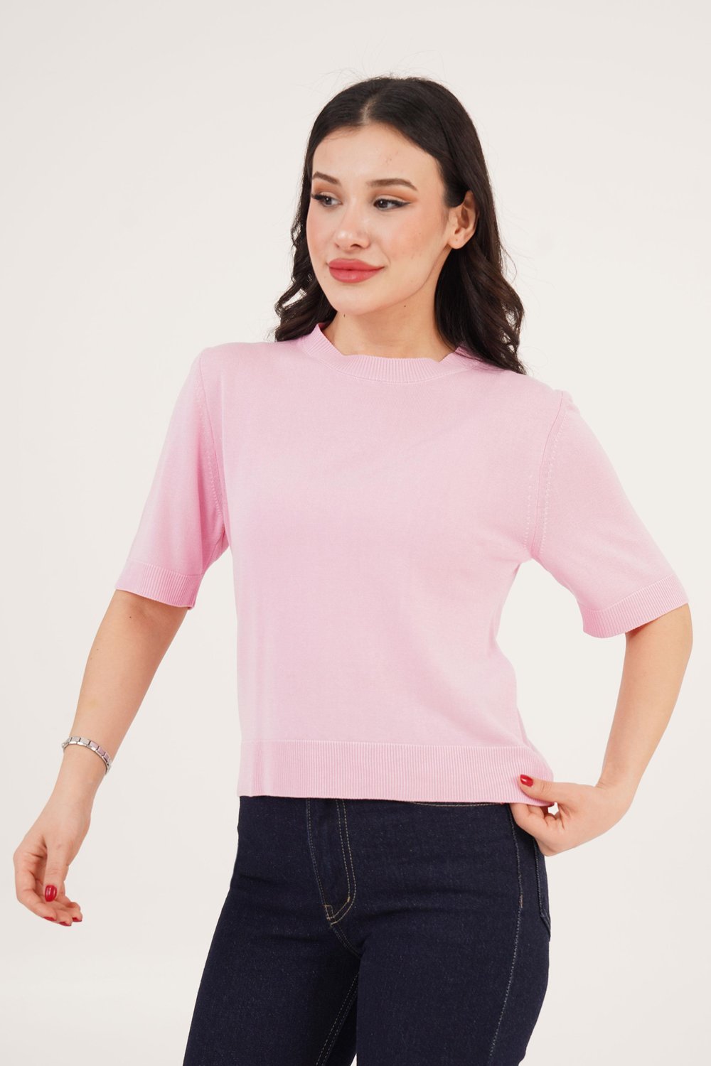 Kısa Kol Bisiklet Yaka Basic Pembe Bluz