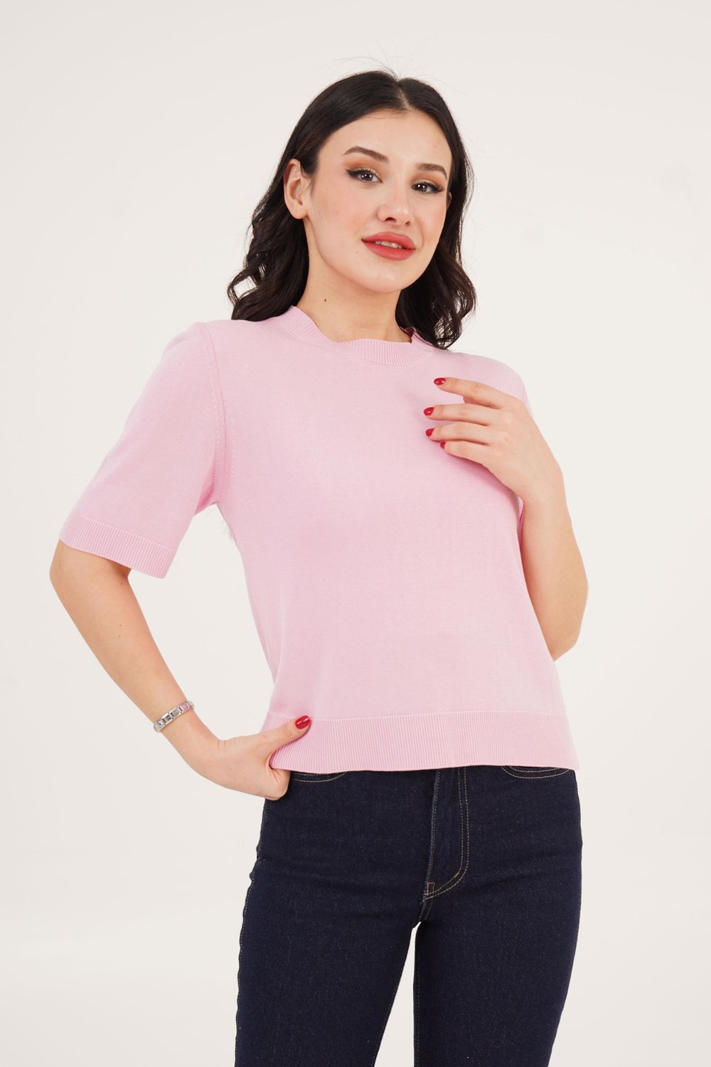 Kısa Kol Bisiklet Yaka Basic Pembe Bluz