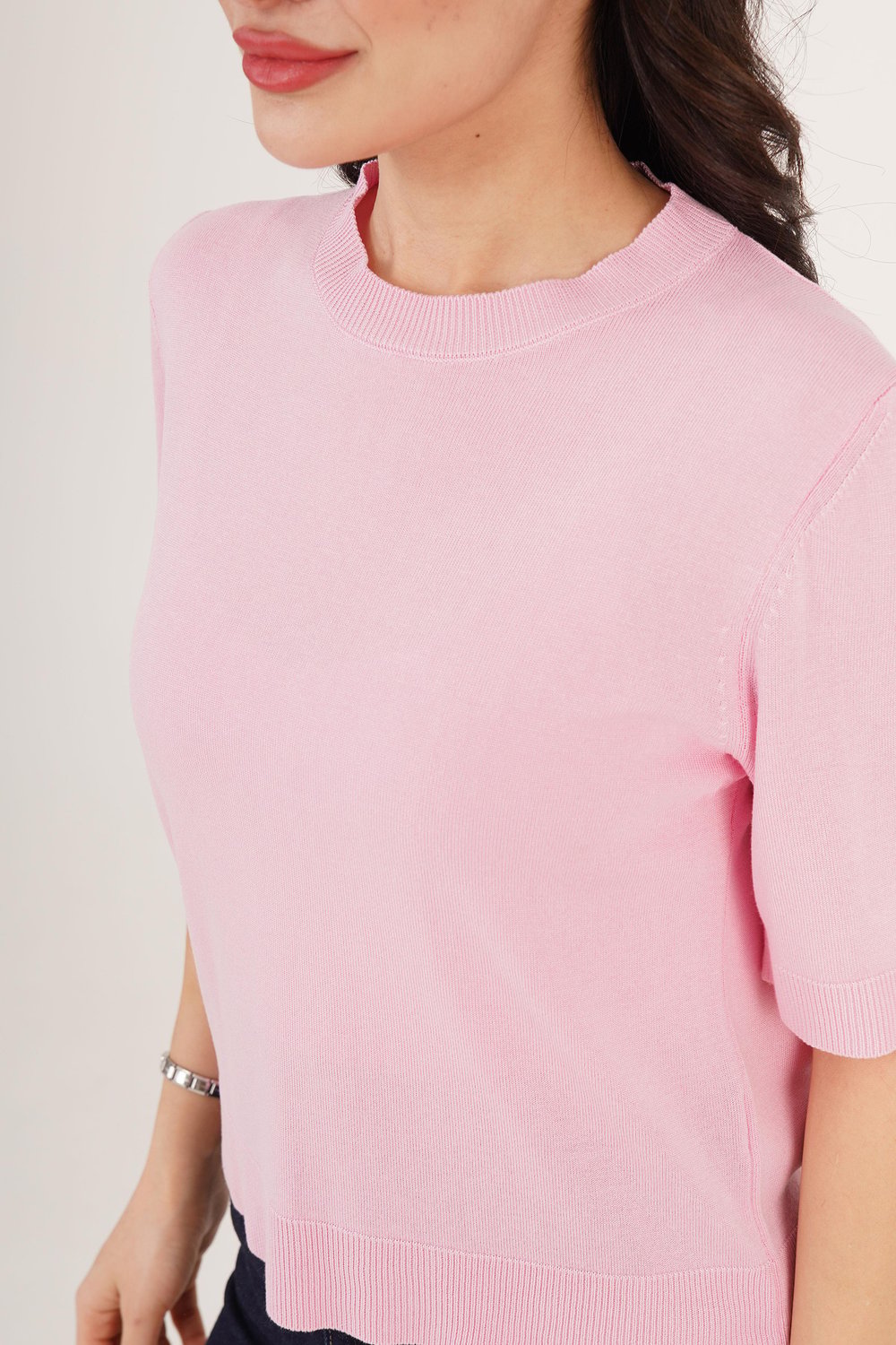 Kısa Kol Bisiklet Yaka Basic Pembe Bluz