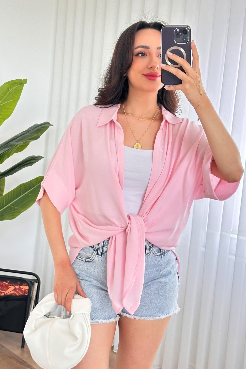 Kısa Kol Krinkıl Basic Kimono Pembe Bluz
