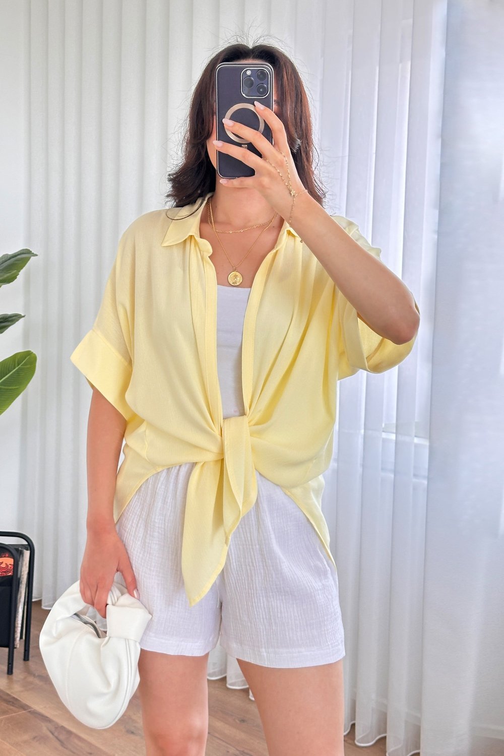 Kısa Kol Krinkıl Basic Kimono Sarı Bluz