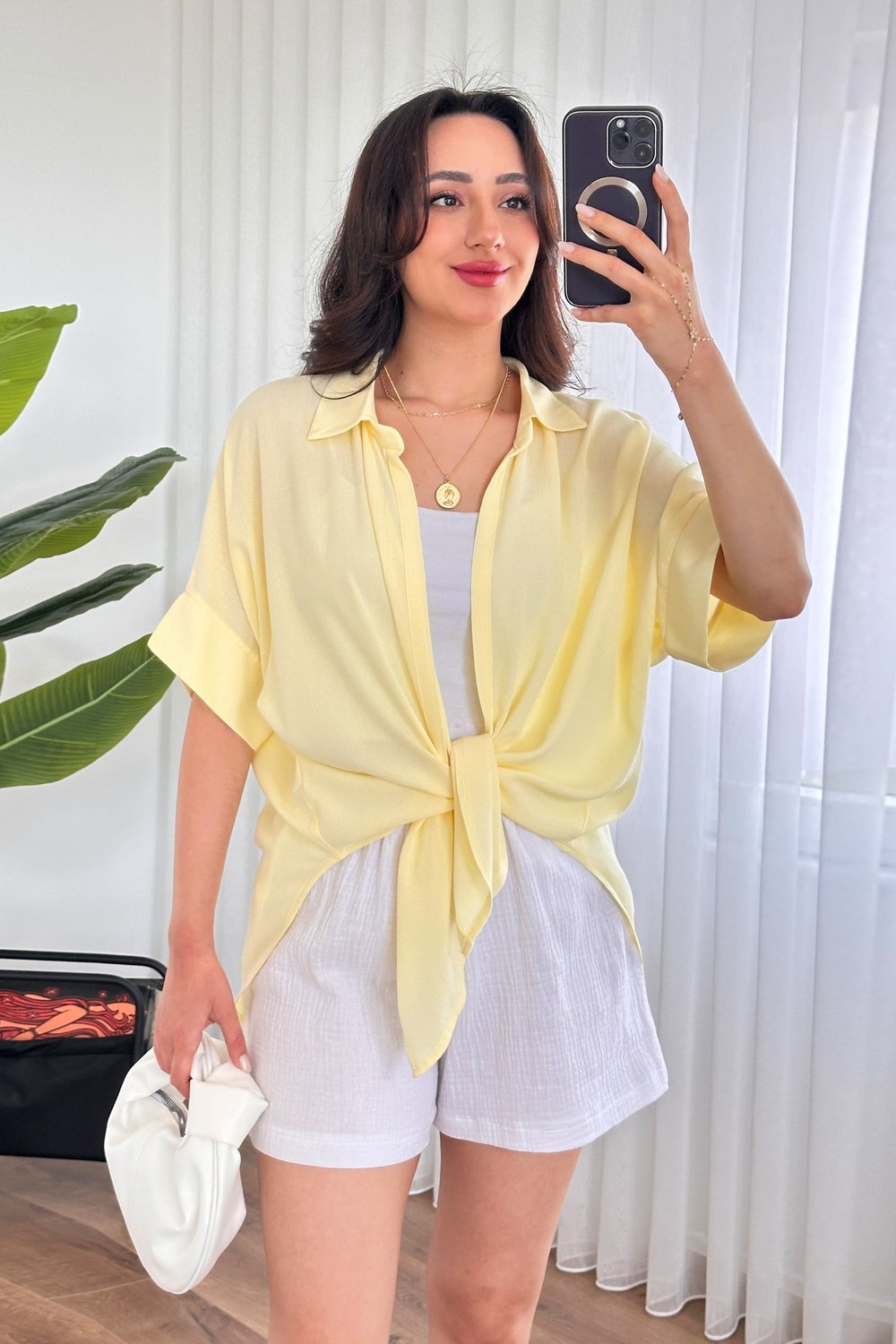 Kısa Kol Krinkıl Basic Kimono Sarı Bluz