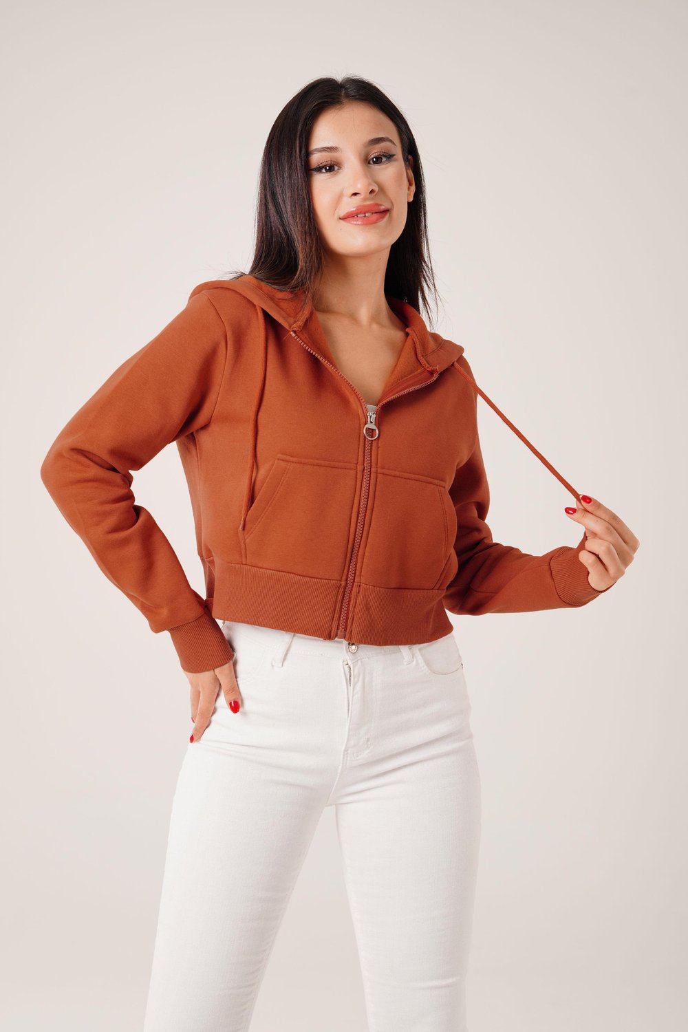 Kısa Model Fermuarlı Kiremit Spor Hırka