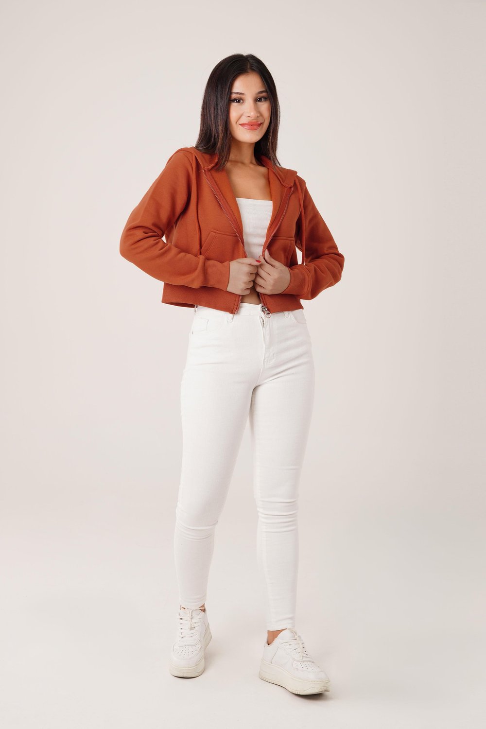 Kısa Model Fermuarlı Kiremit Spor Hırka