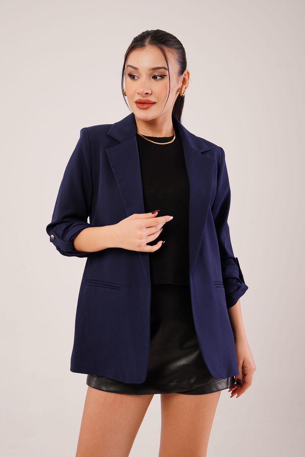 Kol Büzgü Detay Blazer Lacivert Ceket