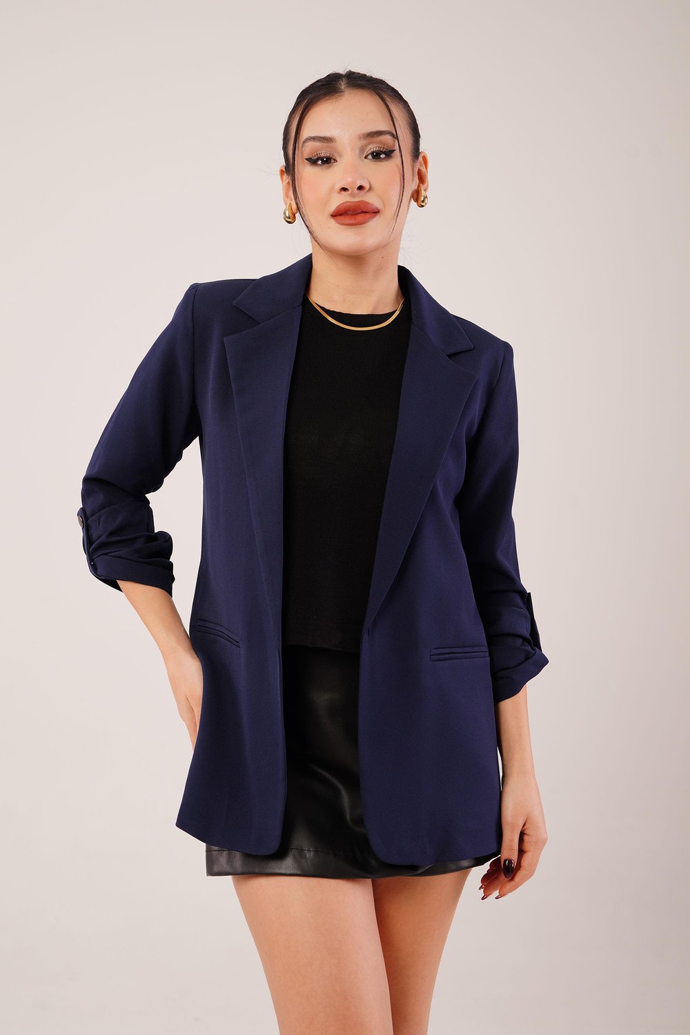 Kol Büzgü Detay Blazer Lacivert Ceket