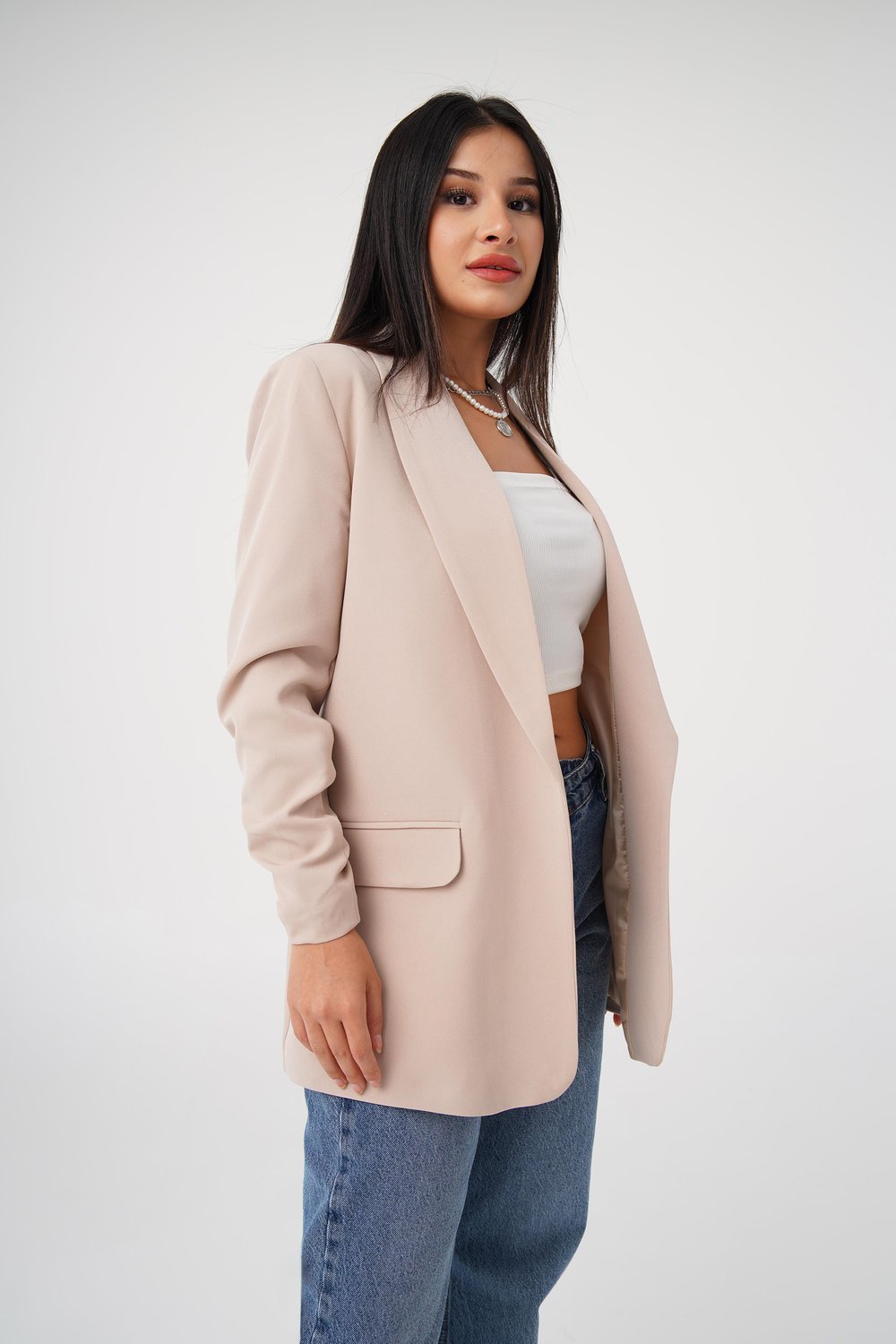 Kol Ucu Büzgü Detay Bej Blazer Ceket