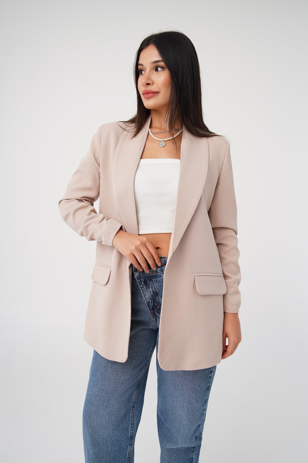 Kol Ucu Büzgü Detay Bej Blazer Ceket