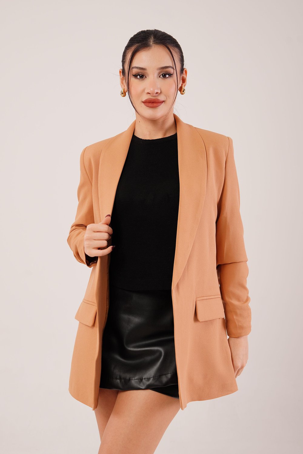 Kol Ucu Büzgü Detay Camel Blazer Ceket