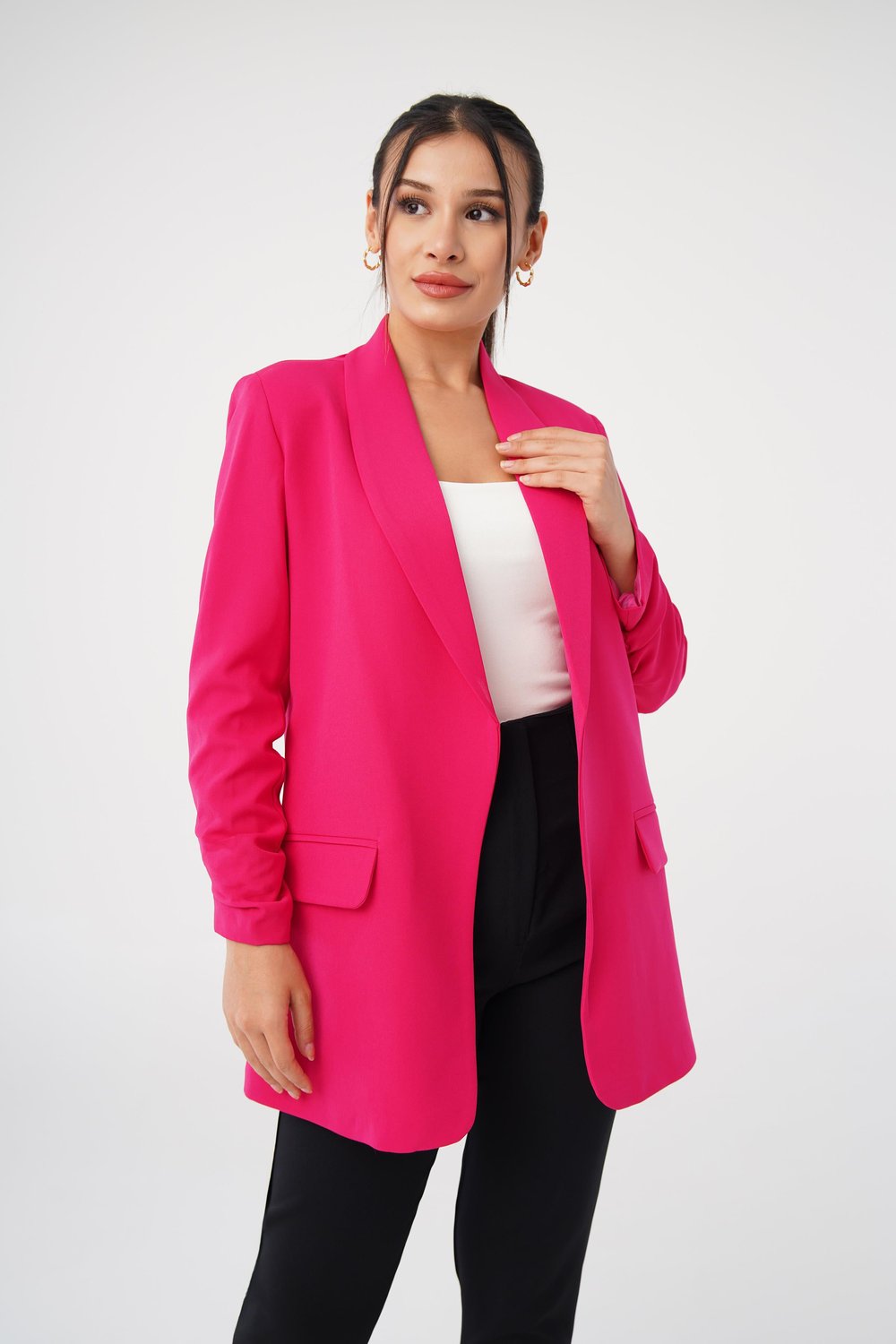 Kol Ucu Büzgü Detay Fuşya Blazer Ceket