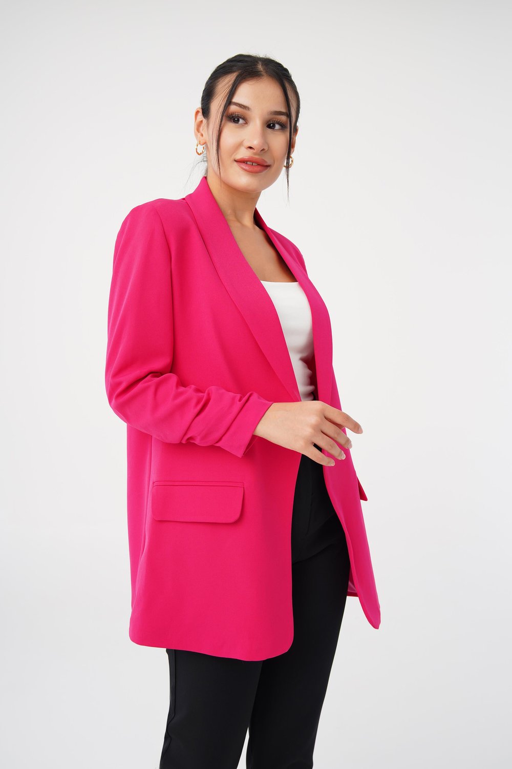 Kol Ucu Büzgü Detay Fuşya Blazer Ceket