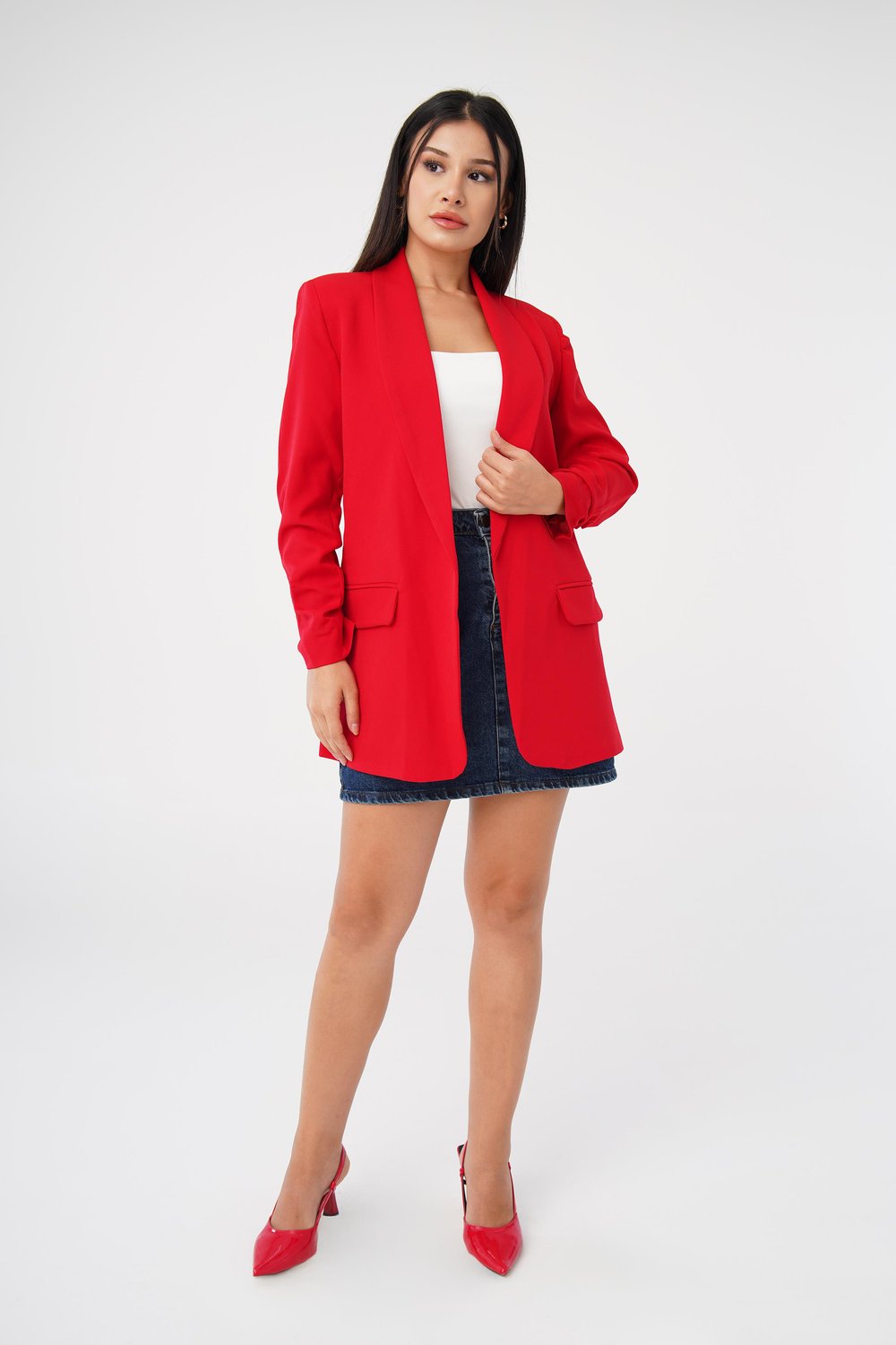 Kol Ucu Büzgü Detay Kırmızı Blazer Ceket