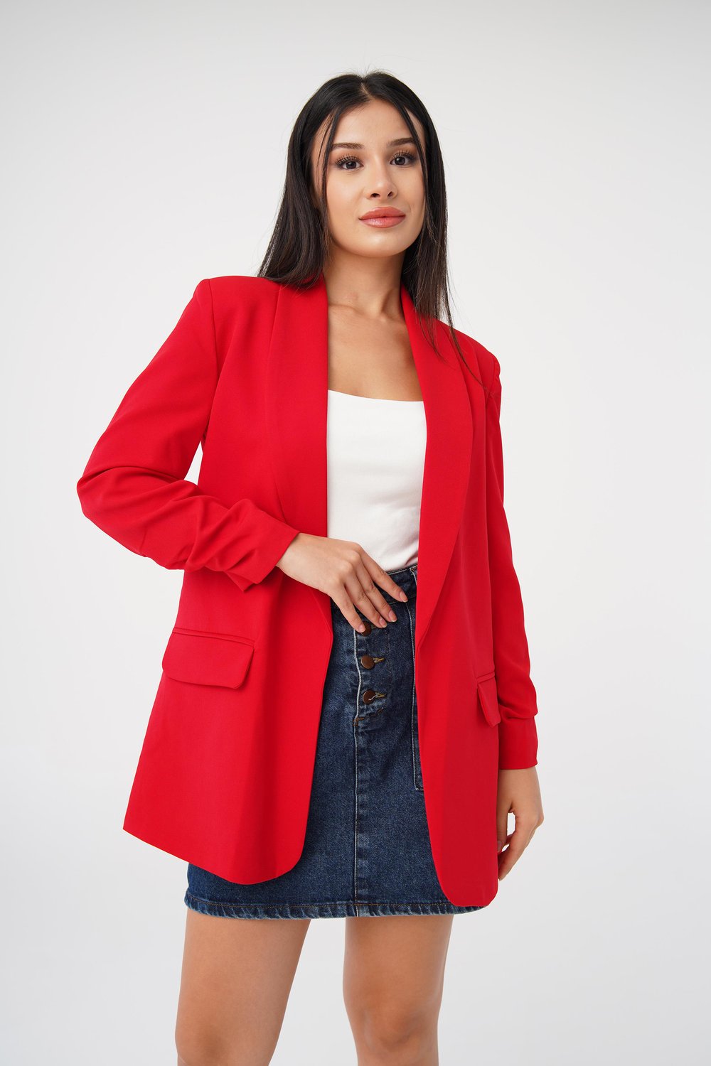 Kol Ucu Büzgü Detay Kırmızı Blazer Ceket
