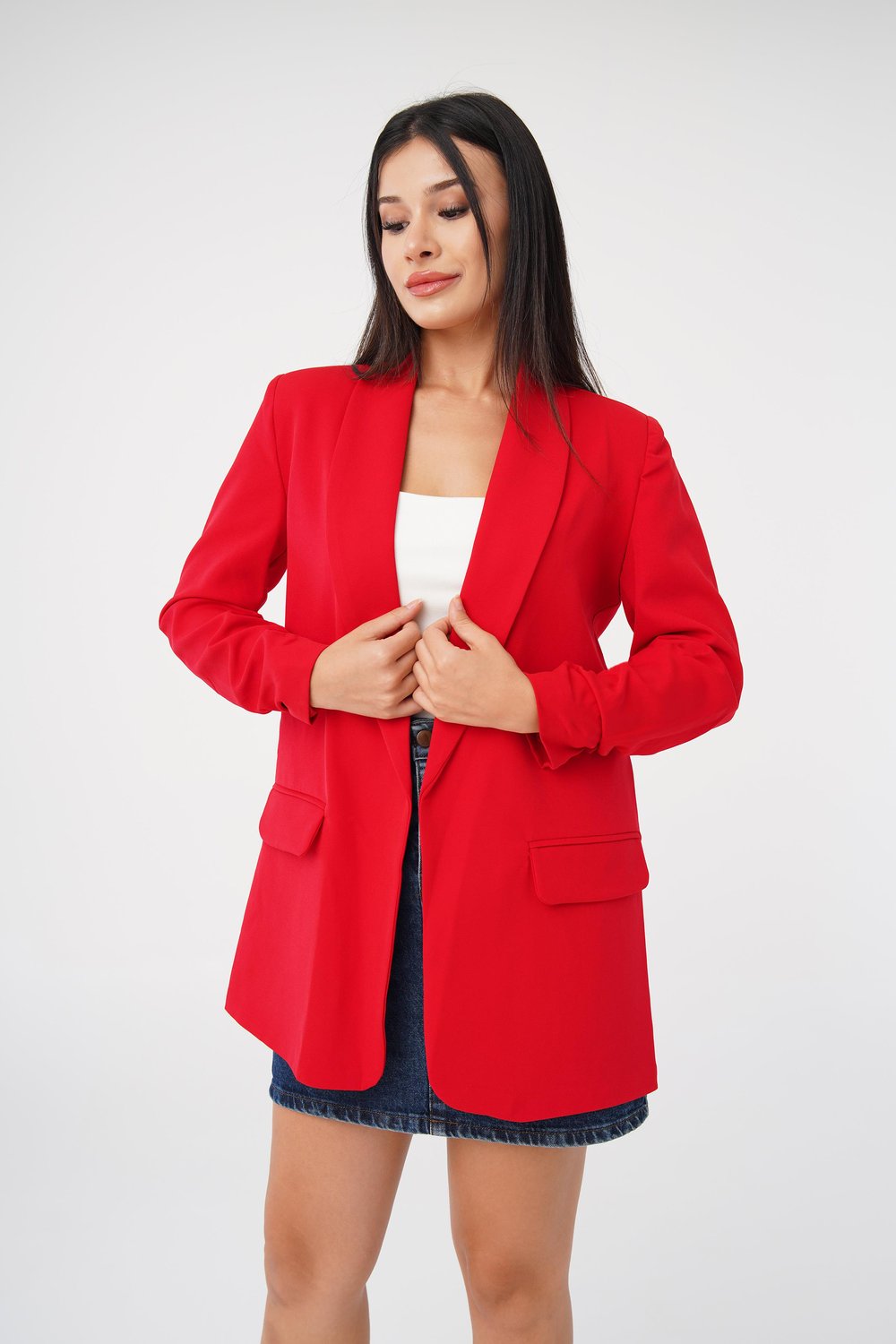 Kol Ucu Büzgü Detay Kırmızı Blazer Ceket