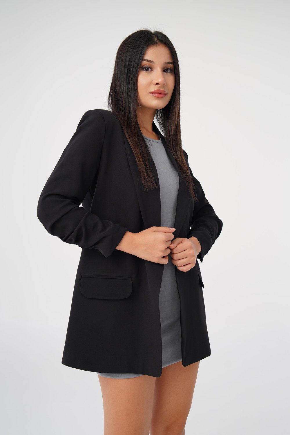 Kol Ucu Büzgü Detay Siyah Blazer Ceket