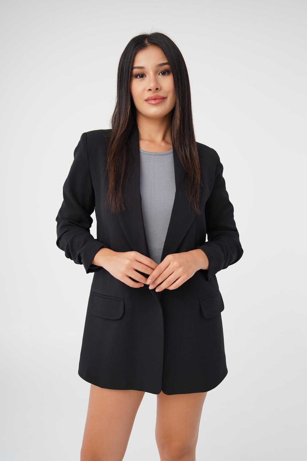Kol Ucu Büzgü Detay Siyah Blazer Ceket