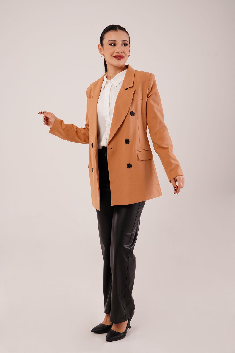 Kruvaze Düğmeli Camel Blazer Ceket