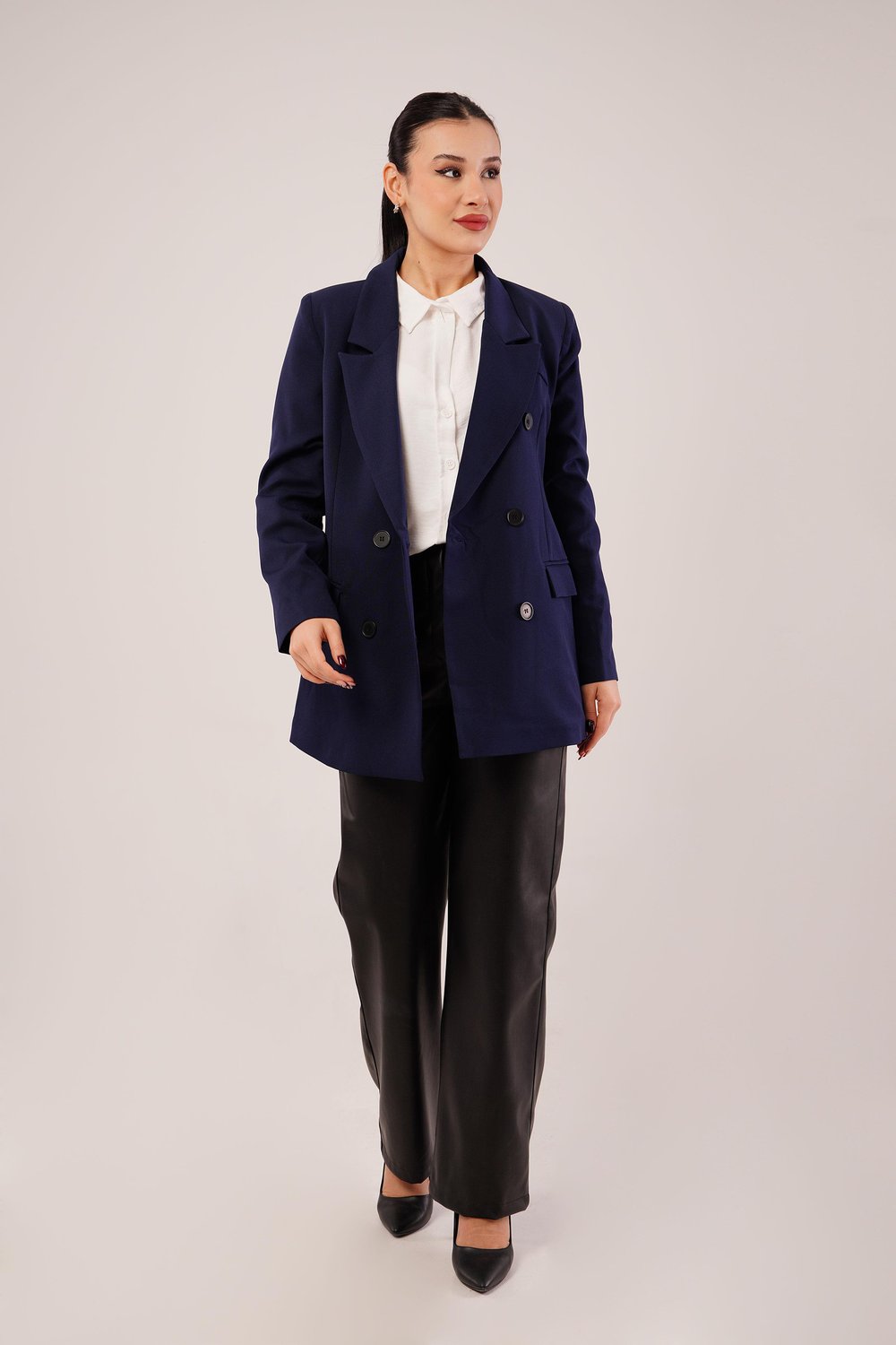Kruvaze Düğmeli Lacivert Blazer Ceket